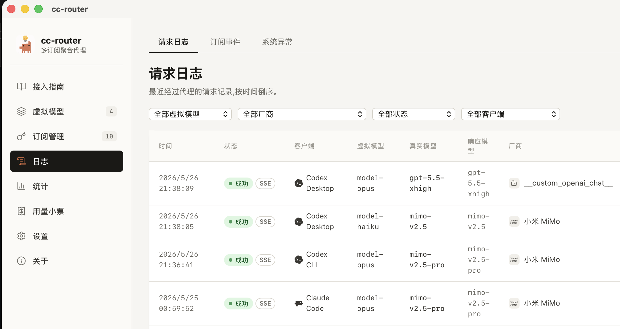 cc-router 日志中看到 Codex CLI / Desktop 的请求